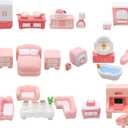 1:48 32 Pcs Dollhouse Furniture Set, Pink Resin Miniature Dollhouses Accessories DIY Craft Decor Included Dining Room Sitting Living Bedroom Bathroom Toys for Toddlers Children Girls