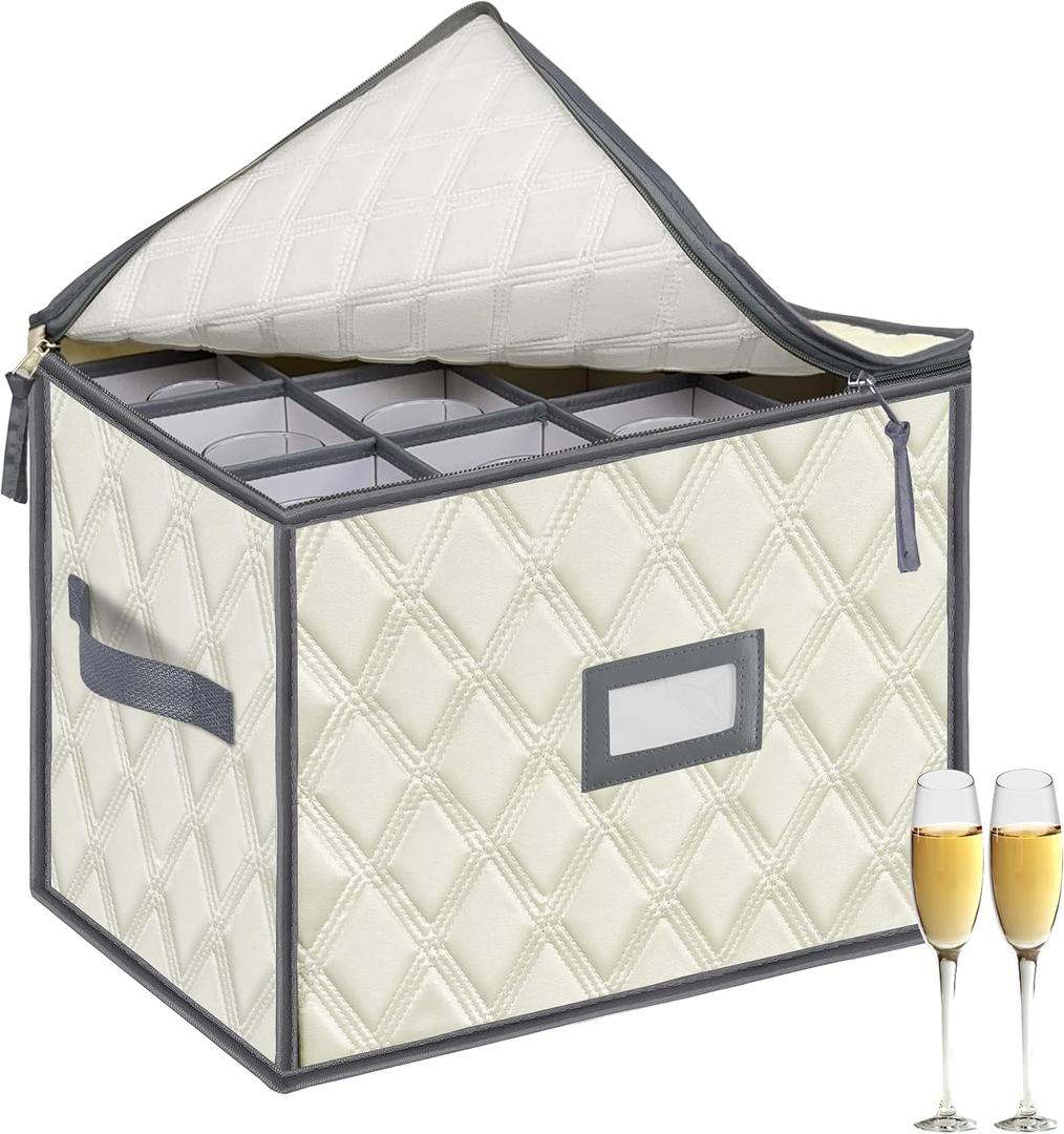 VERONLY China Storage Containers, Wine Glass Storage Box with Dividers, Holds 12 Champagne Flute Glasses up to 10" Tall, Stemware Storage Case, Durable Quilted Microfiber Bin with Carry Handles
