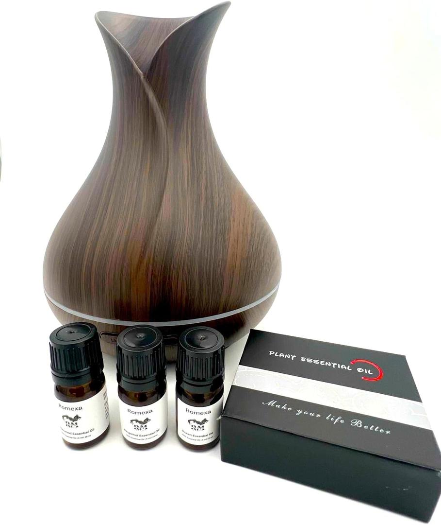 Romexa Smart WiFi Essential Oil Aromatherapy Diffuser & Humidifier with Alexa & Google Home App Control and 3 Pack of Oils - 400ml Dark Brown LED Timer Settings - Natural Home Fragrance
