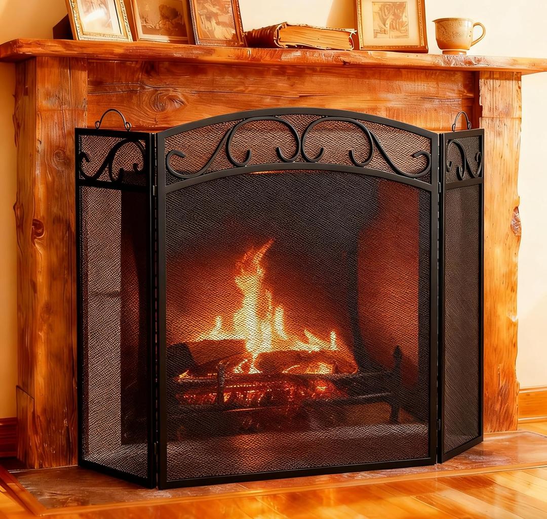 Fire Beauty Fireplace Screen 3 Panel with Handles Wrought Iron 51"(L) x31(H) Spark Guard Cover(Black)