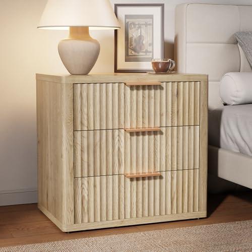 LOOMORA Night Stand with 3 Drawers, 23" Wide Modern Nightstand with Large Storage, Fluted Bed Side Table with Metal Handle, End Table Tall Nightstand for Bedroom, Living Room, Office, Nature