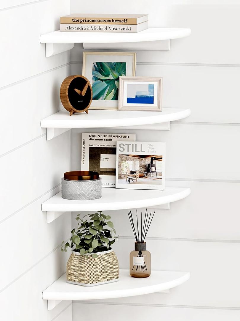 Forbena White Corner Floating Shelves for Wall Set of 4, Rounded Corner Shelves Wall Mounted for Kids Bedroom Books, Cute Wood Hanging Corner Shelf for Bathroom Decor, Living Room, Small Spaces