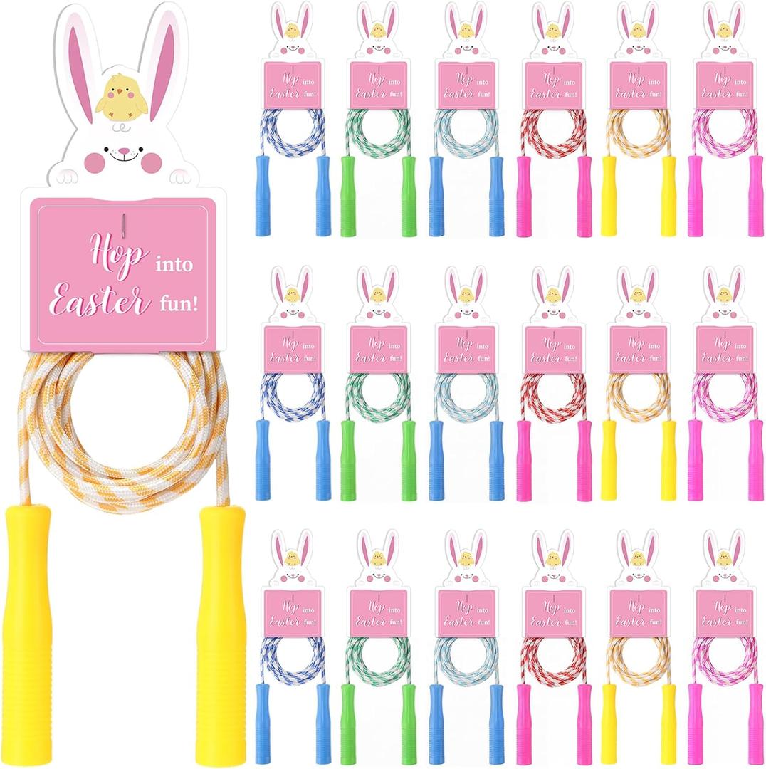 24 Set Easter Basket Stuffers, Jump Ropes with Bunny Gift Cards, Easter Party Favors Colorful Durable Nylon Skipping Ropes for Party Gifts Egg Hunt Game Rewards Spring Outdoor Play
