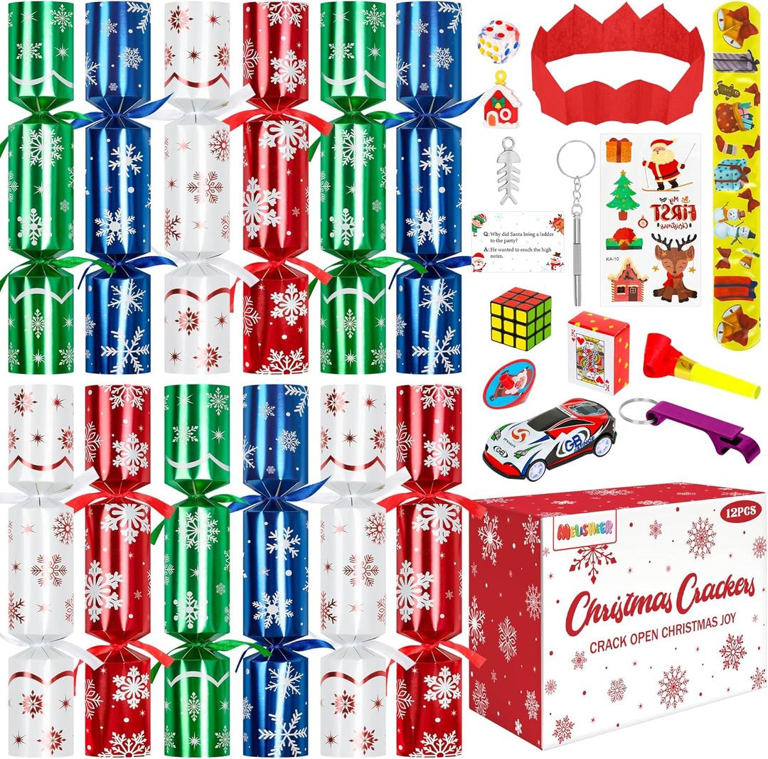 Melisheer Christmas Crackers, 12 Pack No Snap Christmas Party Favors with Snowflake Design, Xmas Poppers with Crown and Joke, Perfect for Christmas Gifts Xmas Table Holiday Party Supplies