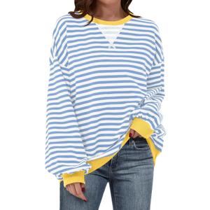 Women Striped Oversized Sweatshirt Long Sleeve Crewneck Hoodies Shirts 2024 Fall Pullover Top Trendy Preppy Clothes (L)