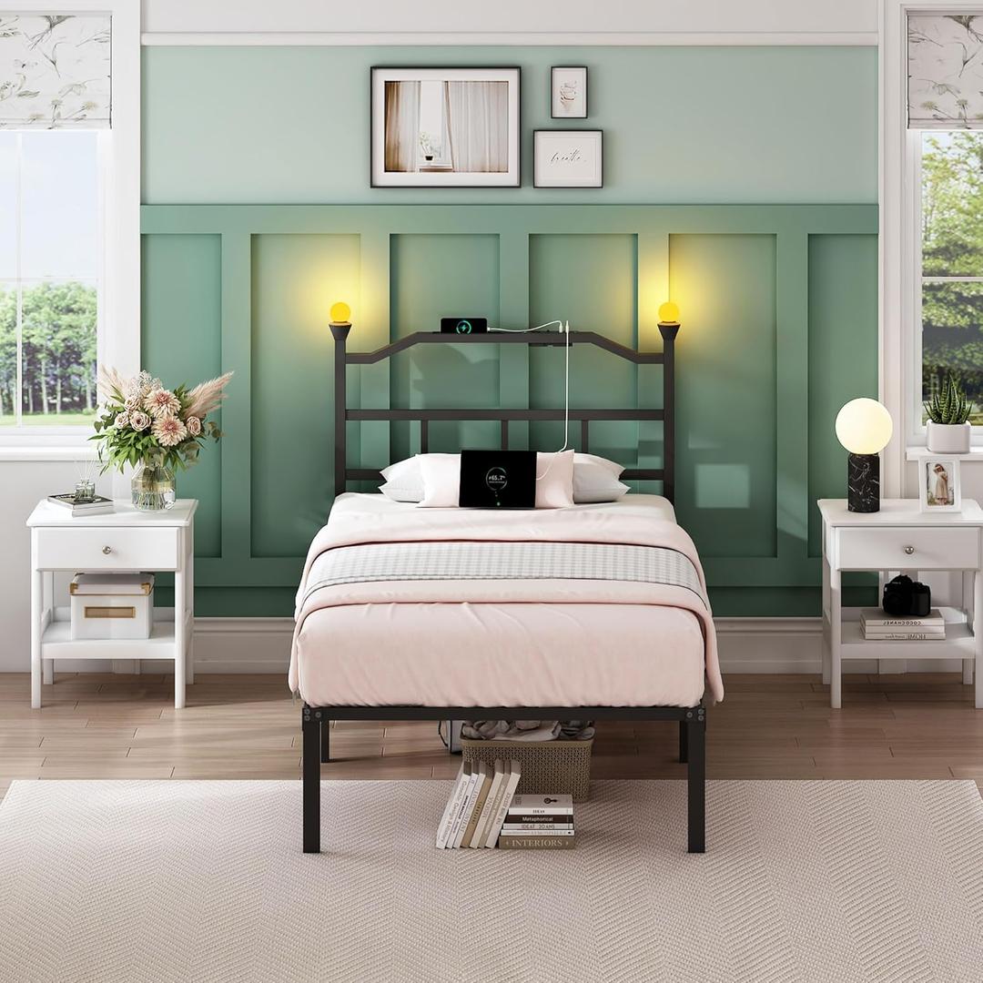 Twin XL Bed Frame with Headboard, 14 inch Metal Bedframe with Entertainment Night Lights, Outlets & USB, Heavy Duty Basic Steel Slats Platform, Noise Free