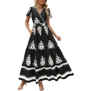 PRETTYGARDEN Womens 2026 Summer Casual V Neck Boho Maxi Dress Flowy Aline Bell Sleeve Tiered Floral Dresses with Pocket (M)
