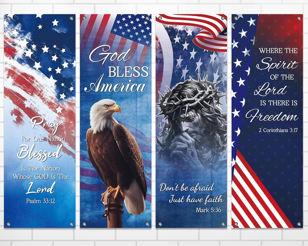 chiazllta 4PCS Independence Day Church Banners for Sanctuary Wall 4th Of July Religious Hanging Backdrop Christian Bible Verse Banner Patriotic American Flag Porch Signs for Sunday School Decoration