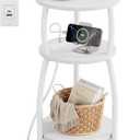 Round Side Table with Power Outlet & USB Ports, 3-Tier End Table with Storage Shelf, Modern Rustic Nightstand, Small Spaces Accent Table for Living Room Bedroom, Easy Assembly, White