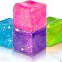 Slow Rise Glitter Square Squishy Cubes for Adults Pack of 4, Gel Ice Cube Stress Balls, Malt Sugar Nice Stress Cubes Sensory Squishy Squeeze Balls for Anxiety Relief(Blue/Purple/Pink/Green)