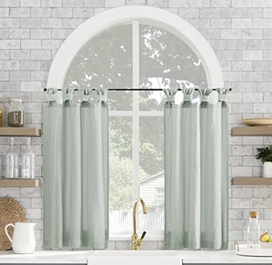 Archaeo Washed Cotton Small Window Twist Tab Cafe Curtains, 52" x 45", Seafoam Green, 2 Panels