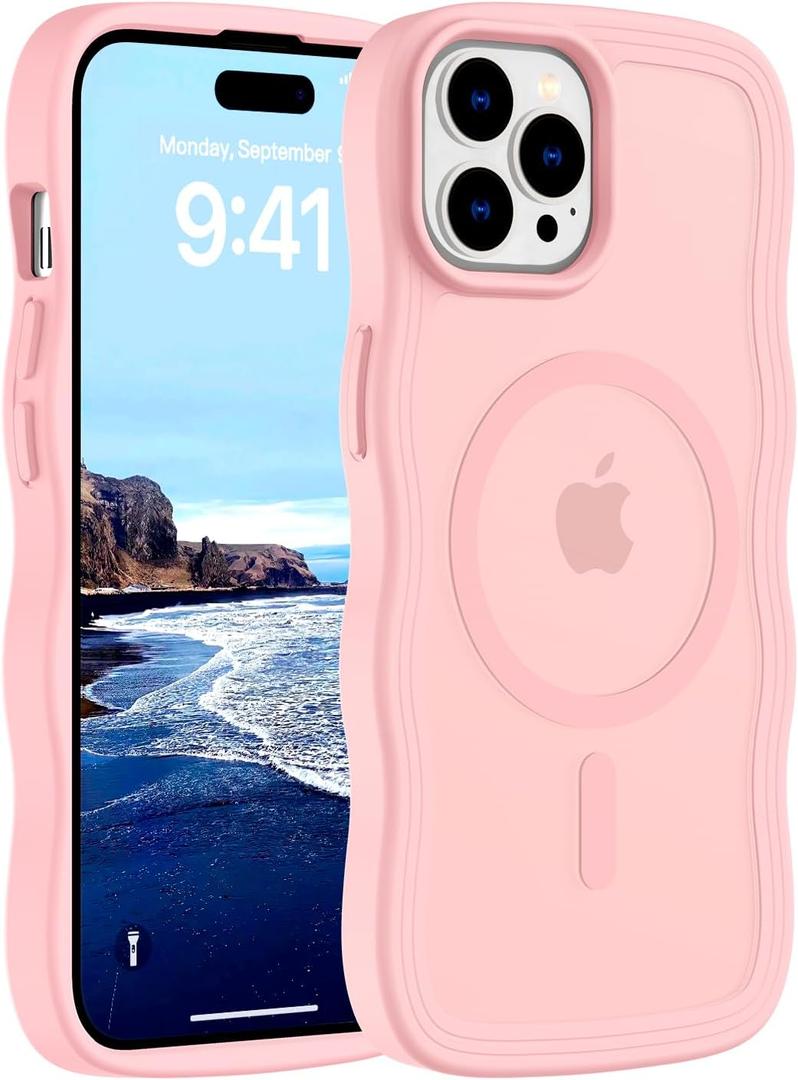Hualele Magnetic for iPhone 15 Pro Max Case, Compatible with MagSafe, Military Grade Dropproof Translucent Matte Back Cute Curly Wave Edge Slim Phone Case 15 Pro Max, Light Pink