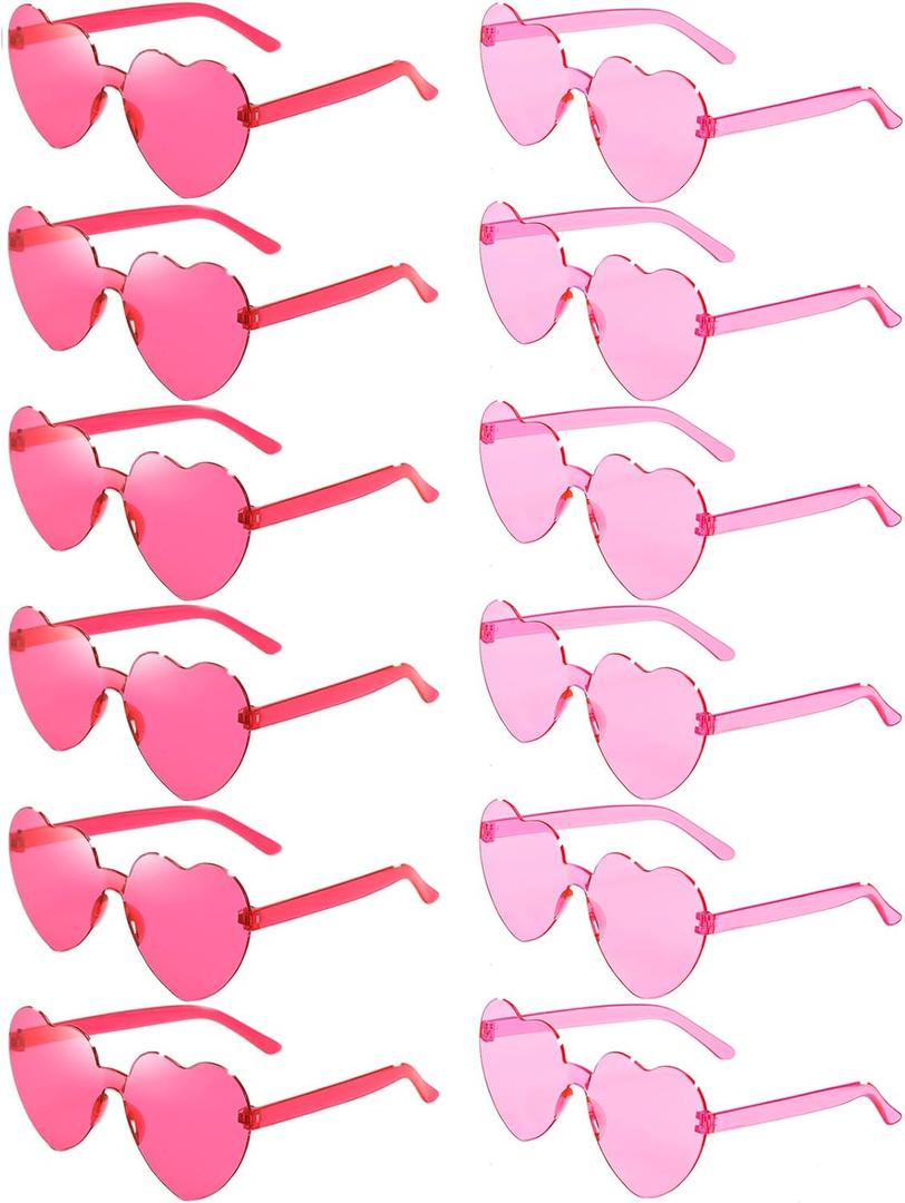 12 Pairs Heart Shaped Sunglasses Candy Color Rimless Fun Heart Glasses for Women Party Favors (Pink, Hot Pink)