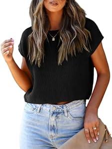 Saodimallsu Womens Cap Sleeve Crop Tops Summer Trendy Going Out Crew Neck Loose Knit Cropped Sweater Vest Tank Top Black S