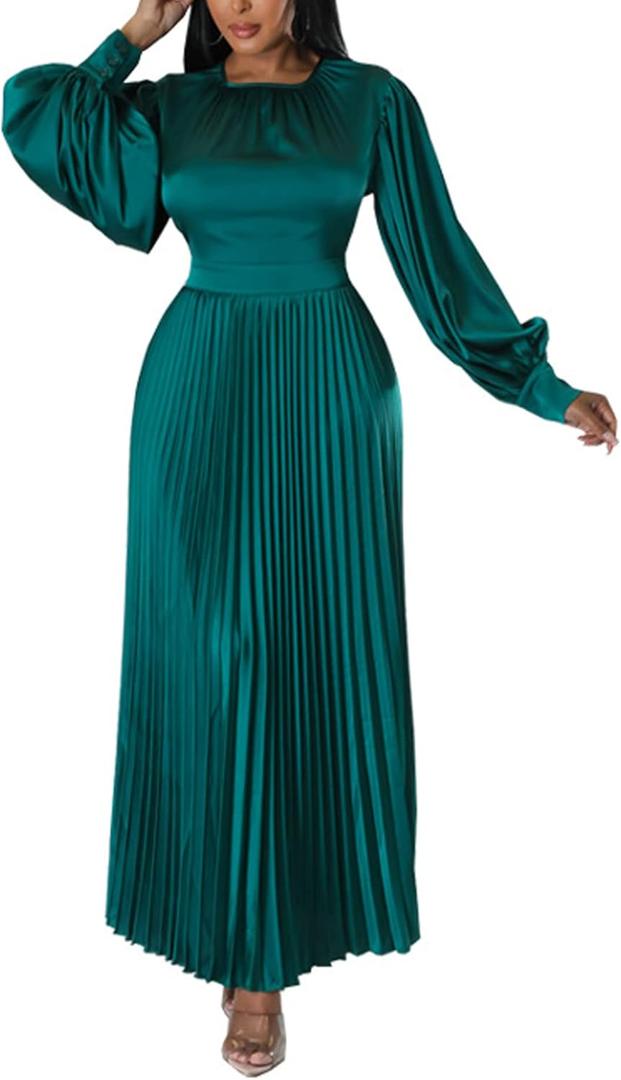 xxxiticat Women's Pleated Satin Party Dress Long Lantern Sleeve Maxi African Dresses (Green) XL