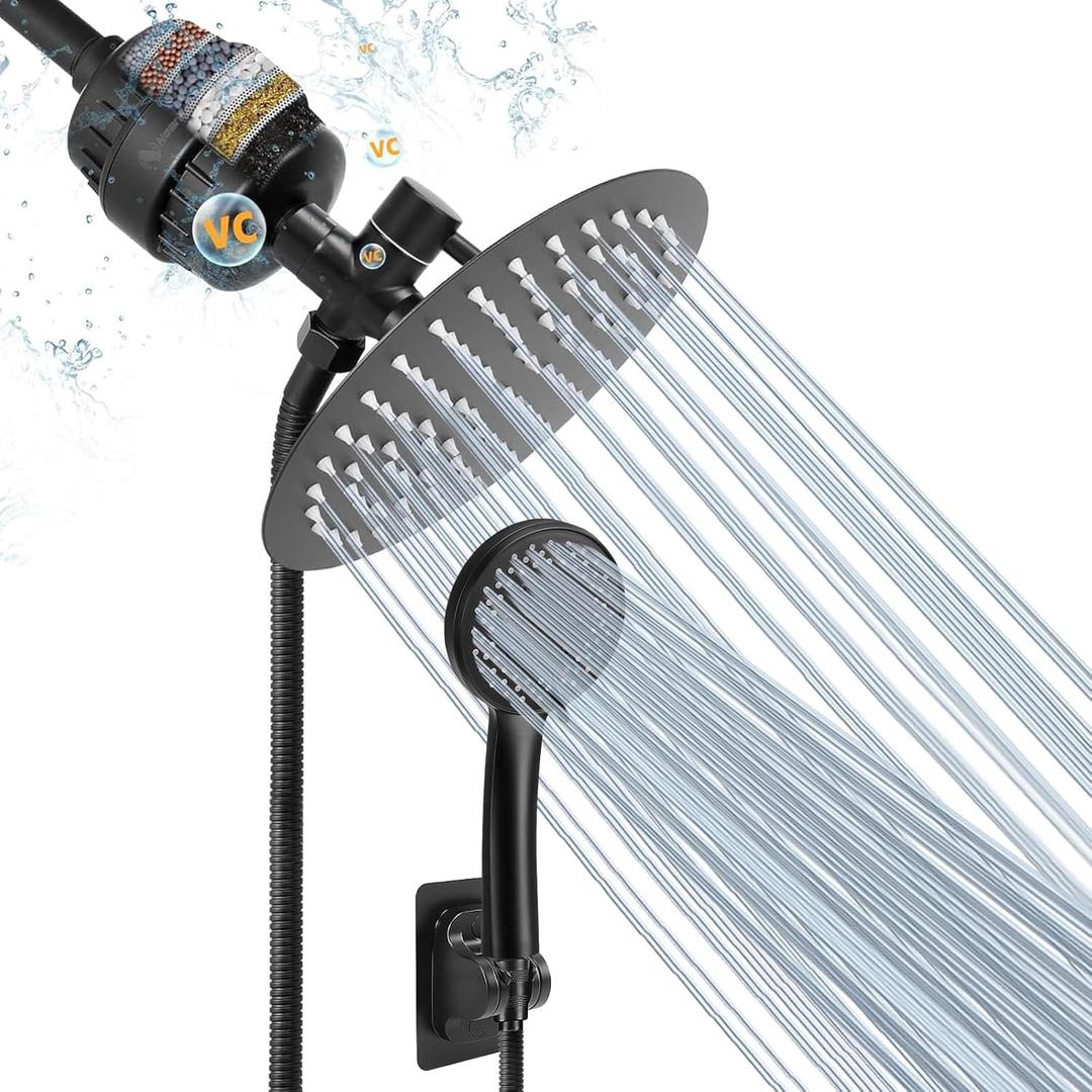 NearMoon Filtered Shower Head, High Pressure 8Round Rain Shower and 5 settings Handheld Shower Filter Combo with Self-adhesive Holder/1.5M Hose -1 Replaceable Filter Cartridge (Matte Black)
