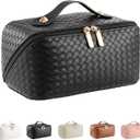 Large Capacity Travel Cosmetic Bag  PU Leather Makeup Organizer Bag Portable Woven Makeup Bags for Women Waterproof Travel Toiletry Bag with Divider Pouch, Black