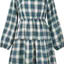 FANCYINN Womens Long Sleeve Buffalo Plaid Shift Tunic Dress Ruffle Hem Vneck Casual Swing Babydoll Mini Dress with Pockets (XS)