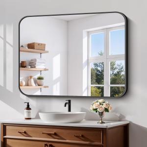 Koonmi Black Framed Bathroom Mirror - 30x40 Inch Shatterproof Tempered Glass Vanity Mirror for Bathroom Sink, Wall Mounted with Matte Aluminum Alloy Frame, No Distortion, Modern Decor
