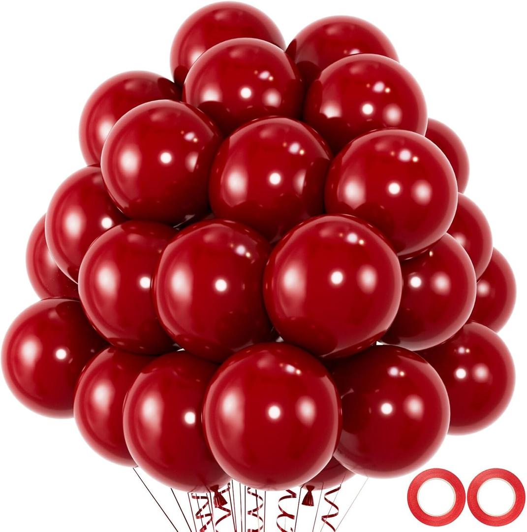 50pcs Chrome Metallic Red Balloons, 12inch Ruby Red Double Layer Latex Balloons,Chrome Dark Red For Wedding, Graduation, Baby Shower Decorations (with 2 Red Ribbon)