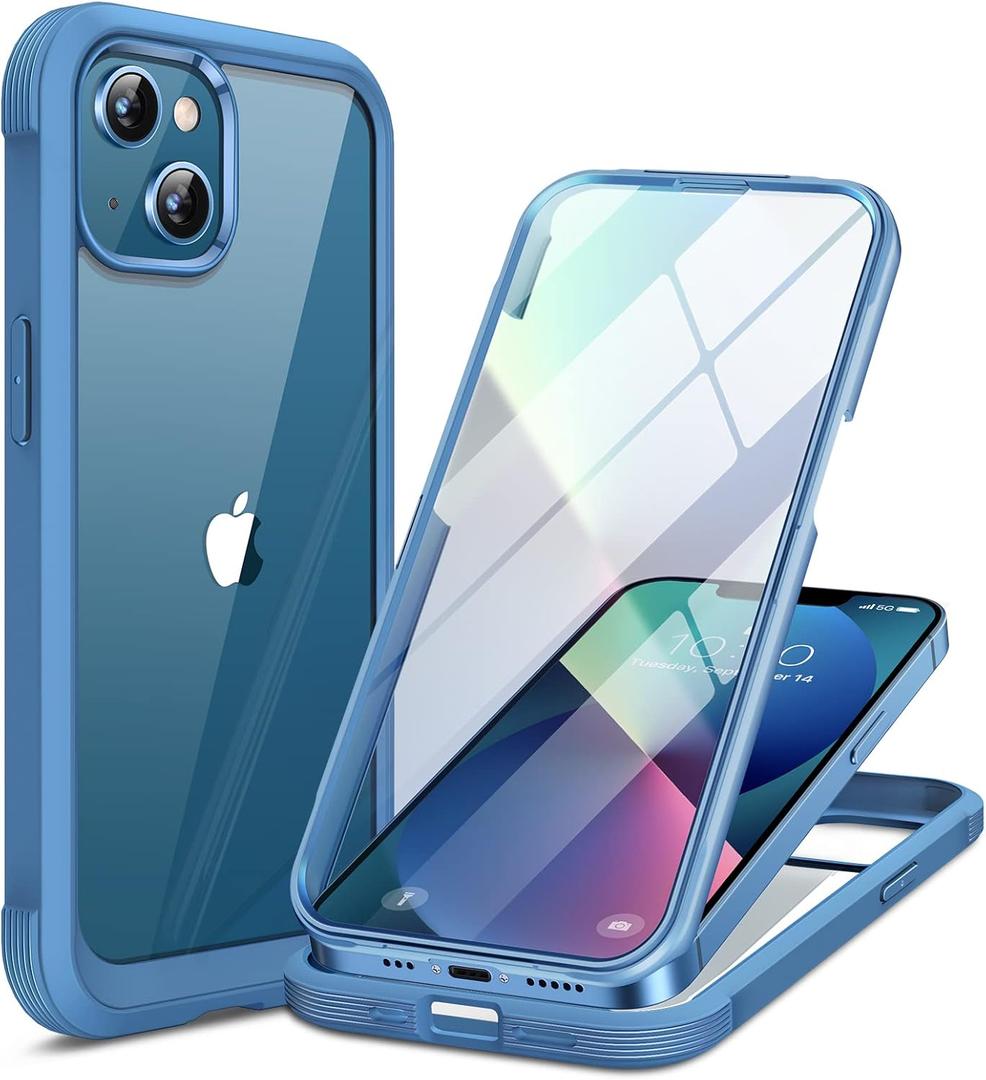 Miracase Compatible with iPhone 13 case 6.1 inch, 2023 Upgrade Full-Body Glass Clear Case Bumper Case with Built-in 9H Tempered Glass Screen Protector for iPhone 13 (Capri Blu)