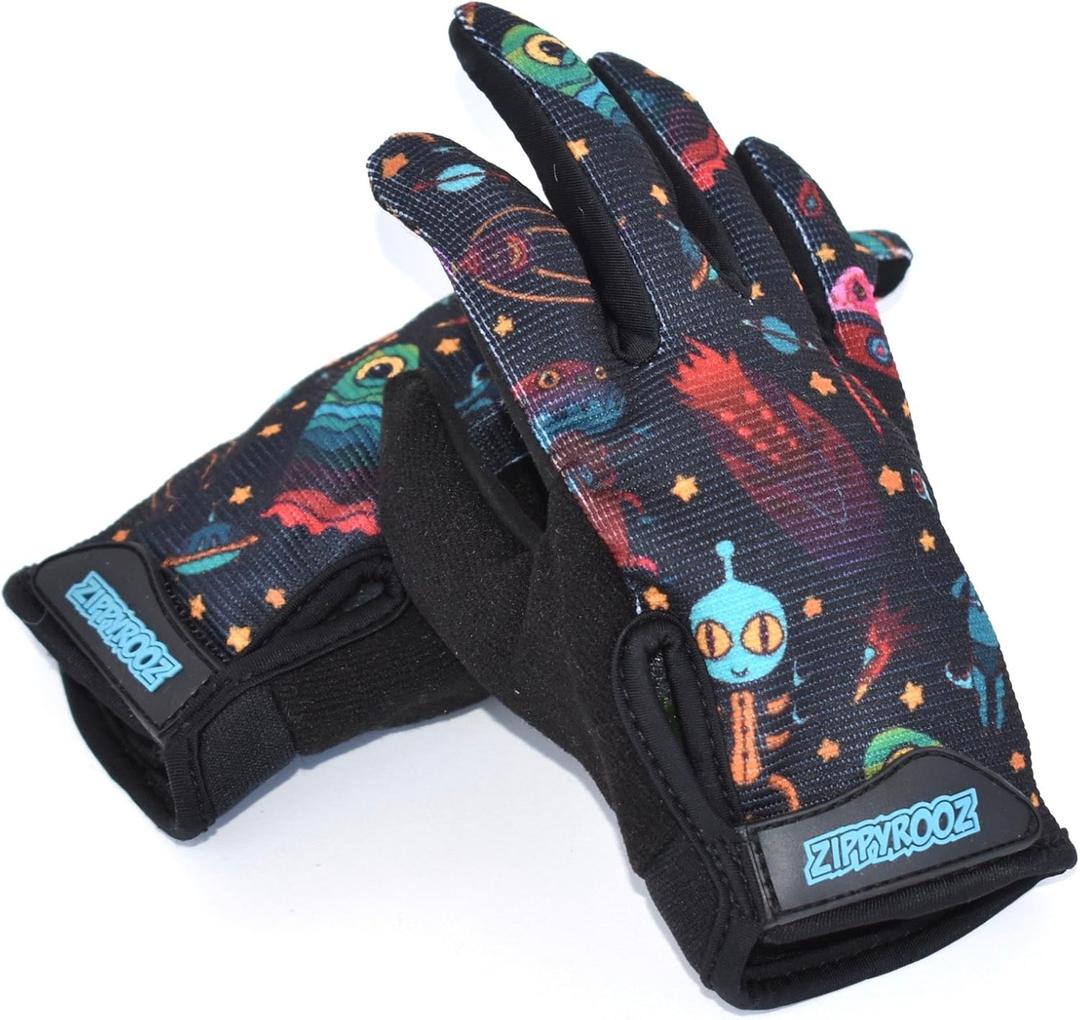 ZippyRooz Toddler & Little Kids Full Long Finger Bike Gloves (Little Kids XL (7-8), Aliens)