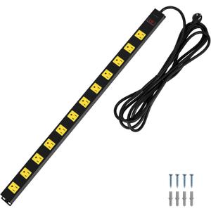 SURAIELEC 12 Outlet Long Metal Power Strip, 15 FT Cord Surge Protector, Angled Flat Plug, Wide Spaced Outlet Power Bar, 15A Breaker, Wall Mountable, Industrial Heavy Duty for Work Bench, Shop, Garage