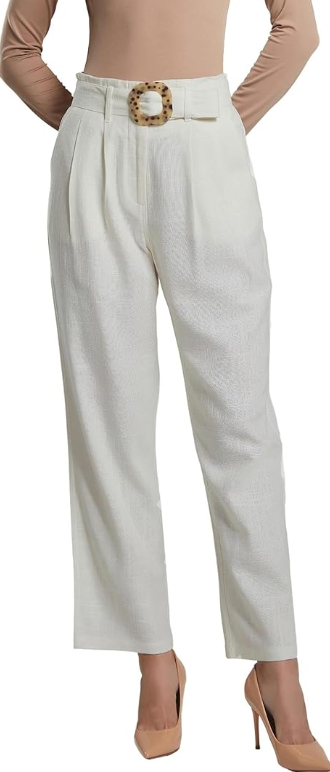 SANDY & SID Womens Pants Linen Crop High Rise *Small Size* Straight Leg Trousers Fabric Belt Business Office Work Casual Wear XS