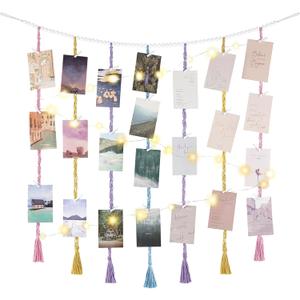 Mkono Macrame Hanging Photo Display Wall Decor with String Lights, Boho Wooden Beads Garland Collage Picture Card Frame Holder with 45 Clips for Bedroom Living Room Dorm, Teen Girls Christmas Gifts (Large, Multi)