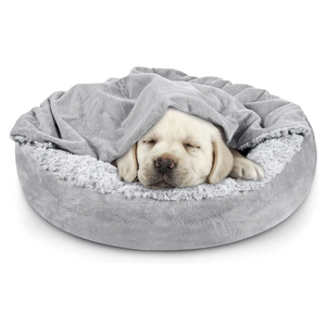 JOEJOY Small Dog Bed Cat Bed with Hooded Blanket, Cozy Cuddler Luxury Puppy Pet Bed, Donut Round Calming Anti-Anxiety Dog Burrow Cave Bed - Anti-Slip Bottom and Machine Washable 23 inch