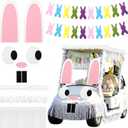 Moucuny 12 Pcs Easter Bunny Golf Cart Decoration Kit 1 Set Giant Felt Rabbit Model 3 Silver Thread Felt Strip 2 Curved Rain Curtain 2 White Felts Strip 2 Easter Bunny Banners for Golf Cart Accessories
