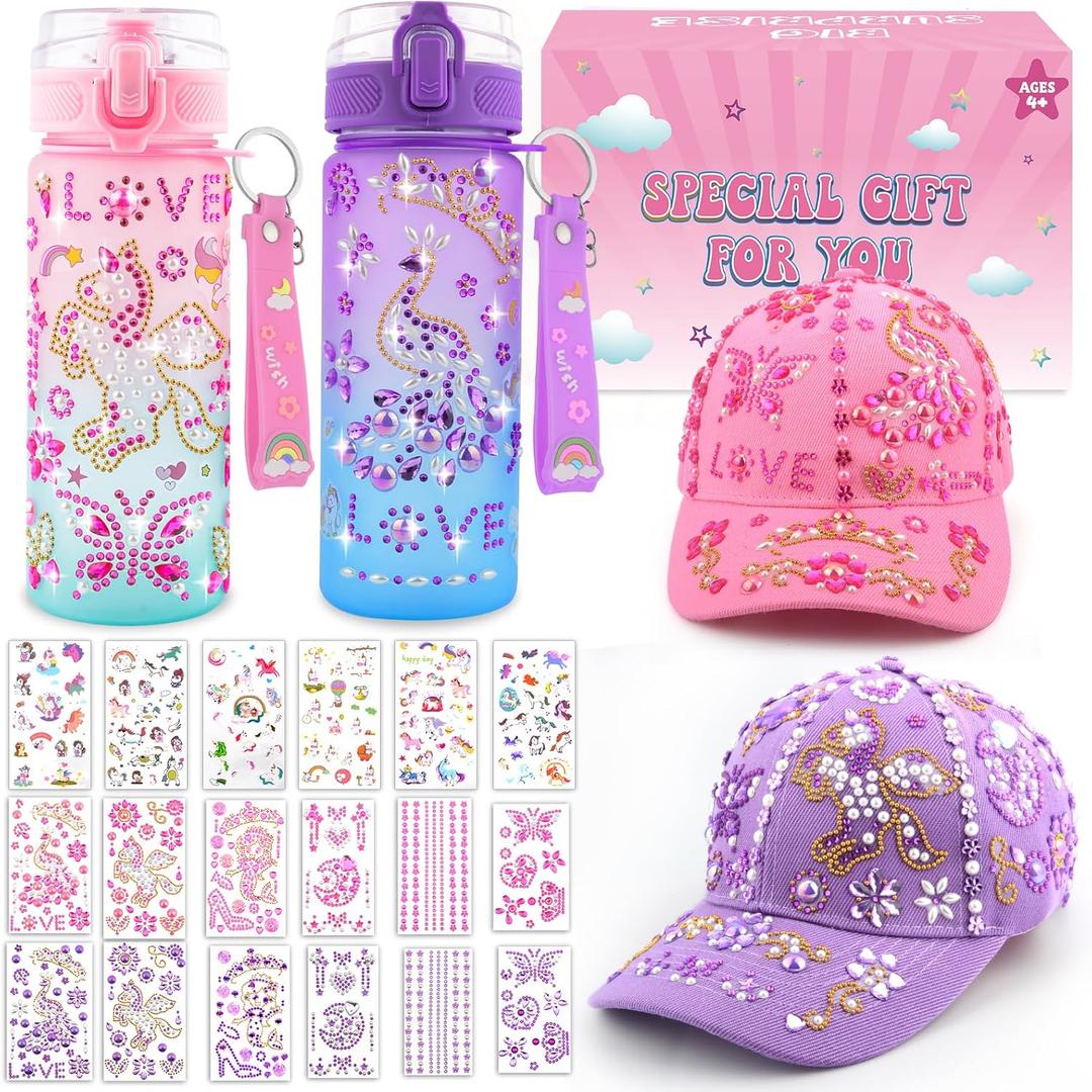 Gifts for Girls Ages 4 5 6 7 8 9 Year Old, Decorate Your Own Water Bottle and Baseball Cap, Birthday Gifts for Girls, Fun Arts and Crafts Kit for Kids Ages 4-6, DIY Unicorn Stickers for Girl 6-8 4-8