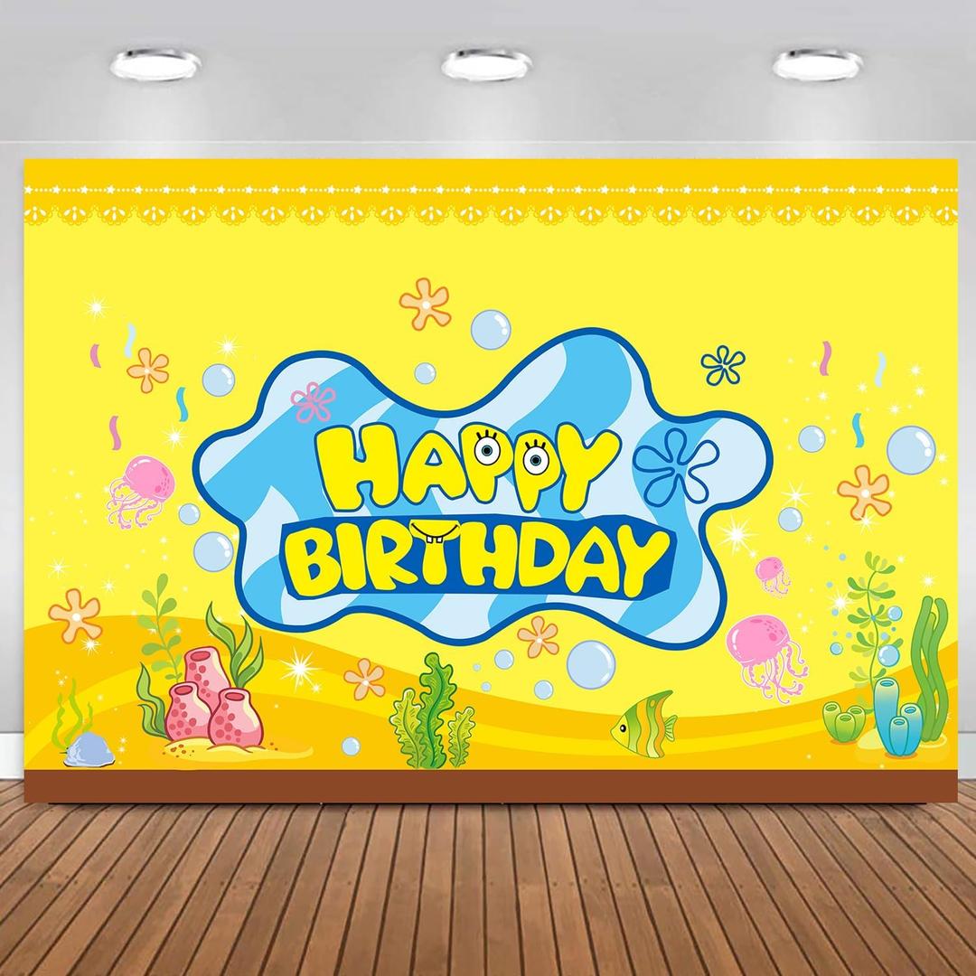 Cartoon Sponge Birthday Party Decorations Sponge Birthday Banner for Sponge Bob Birthday Party Backdrop Photo Background Wall Decor Sponge Party Supplies
