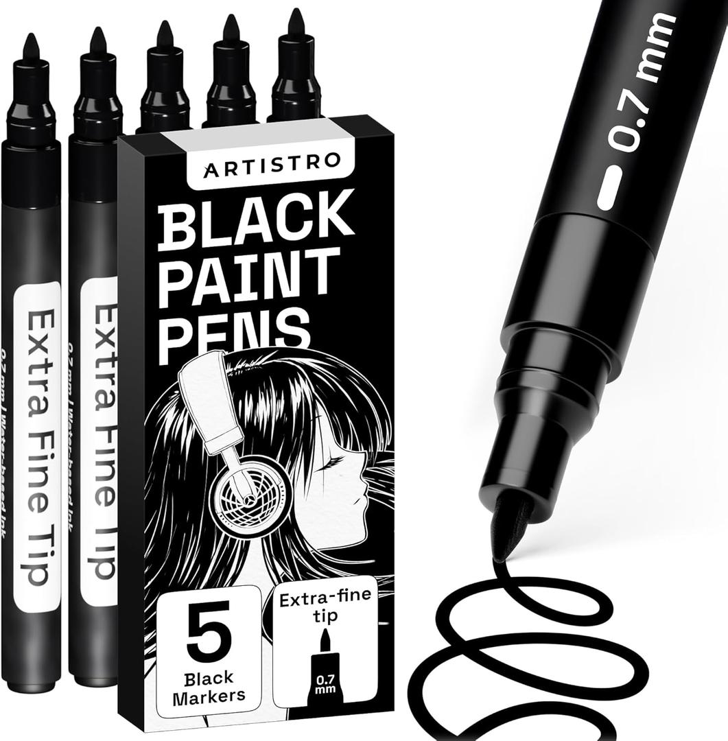 ARTISTRO 5 Black Paint Pen for Rock, Glass, Ceramic, Wood, Tire, Fabric, Metal, Canvas, Marking, Painting - Set of 5 Acrylic Paint Markers Water-based