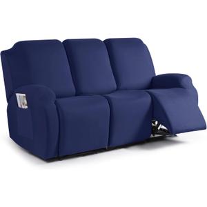 TAOCOCO Recliner Sofa Slipcover, 3 Pieces Polyester Fabric Stretch Sofa Covers for 3 Seat Reclining Couch, Soft Washable Furniture Protector with Pockets (3 Seat, Dark Blue)