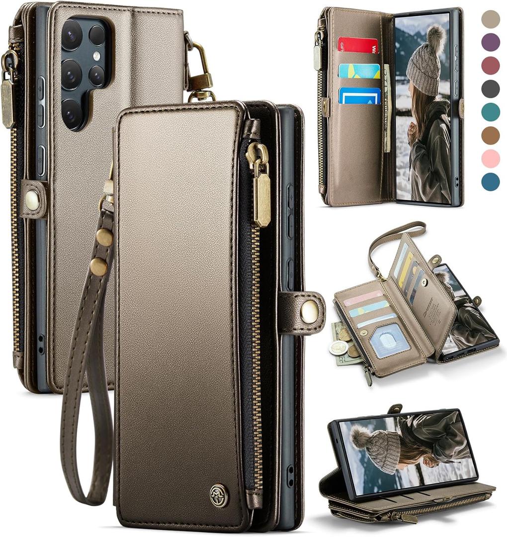 Defencase for Galaxy S25 Ultra Case Wallet with RFID Blocking Card Holder for Women Men, PU Leather Magnetic Snap Flip Wrist Strap Zipper Wallet Phone Cases for Samsung Galaxy S25 Ultra 6.9", Titanium