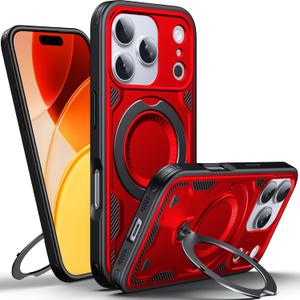 WYUIC Designed for iPhone 17 Pro Magnetic Case, Compatible with Magsafe, 10ft Drop Test Hard Rugged, 360 Rotating Ring Kickstand Shockproof Protection Phone Case iPhone 17 Pro Cover, Red