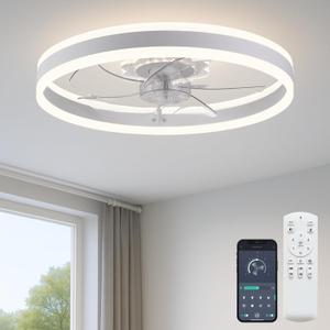 Ceiling Fan with Light, Upgraded 20 Low Profile Fan, Flush Mount Ceiling Fan, 6 Speeds, Dimmable LED, App & Remote Control, Quiet DC Motor, for Bedroom, Living Room, F105 White