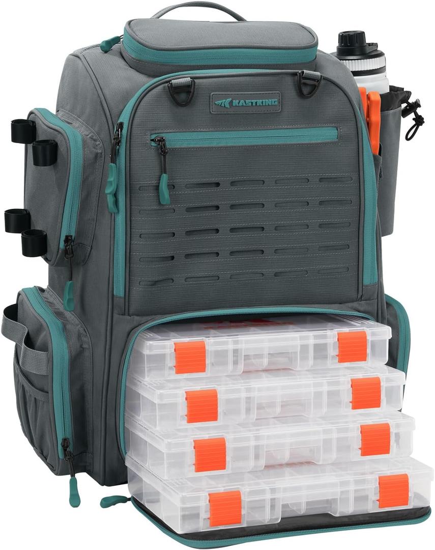 KastKing Bait Boss Fishing Tackle Backpack with Rod Holders-4 Tackle Boxes-Rain Cover,43L Large Storage for Fishing Gear (Gray (Aluminum Back Support System))
