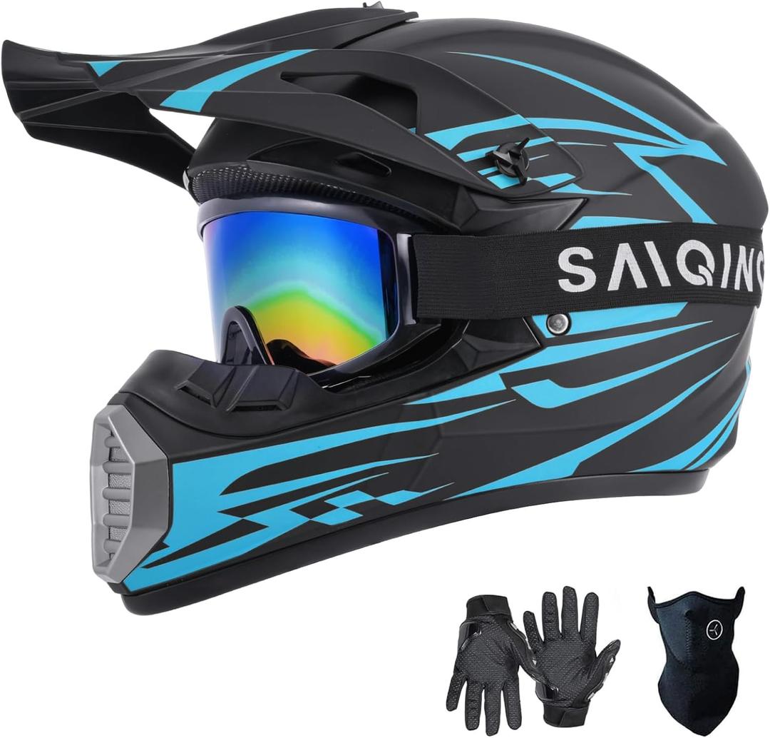 SanQing Youth Kids Motorcycle ATV Full Face Helmet DOT Approved | Ages 8-16 Dirt Bike Helmet for Motocross Off-Road 4-Wheeler UTV BMX Go Kart with Gloves, Goggles,Mask, Quick-Release Buckle, Small