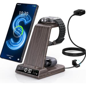 Wireless Charger for Samsung Charging Station with Clock for Samsung Galaxy S25 Ultra/S24 Ultra/Z Flip 7/Fold 6/Galaxy Bud, 3 in 1 Charger Station Watch Charger for Galaxy Watch 8/7/6/5Pro(Wood Grain)