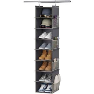 YOUDENOVA Upgraded Extra Wide Hanging Shoe Organizer for Closet, 8-Shelf Storage Organizer with 8 Side Pockets, Hanging Shoe Rack for Hats Clothes Jeans, Grey