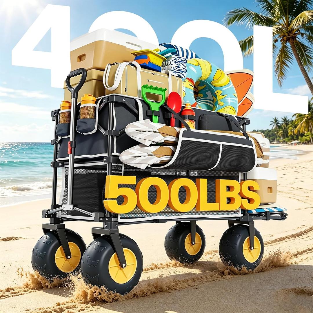VELUVIA 400L Double Decker Beach Wagon with Big Balloon Wheels for Sand | 500LBS Heavy Duty Foldable Beach Wagon with Side Pocket, Beach Cart for Beach,Fishing,Camping,Outdoor-Black