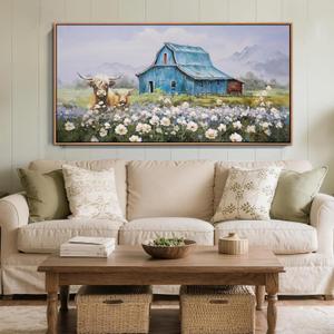 Anolyfi Highland Cow Farmhouse Wall Art for Living Room, Blue Barn Paintings Warm and Cozy Decor for Bedroom Dining Room Home Hallway, Framed 58"x29", 58.1"L x 29.1"W