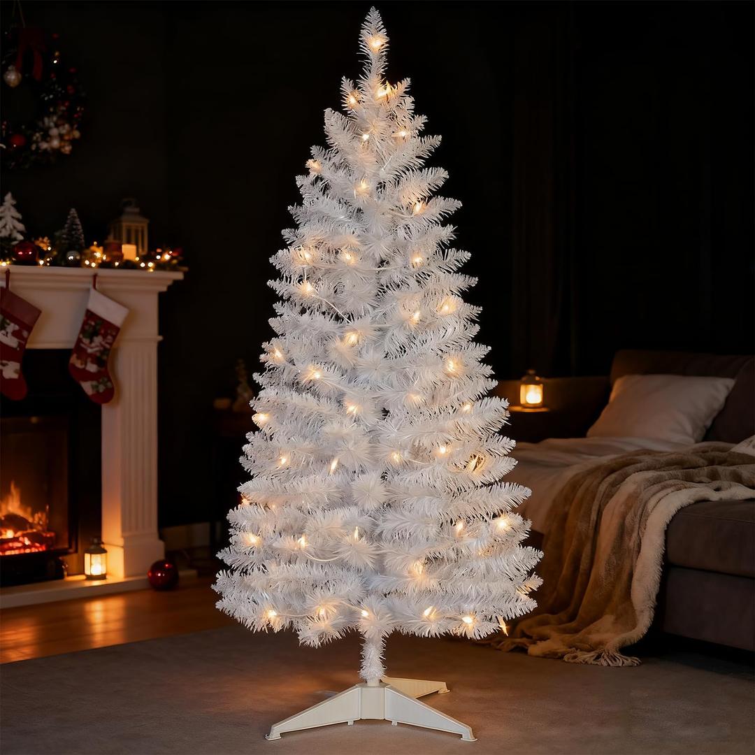 4ft Pre-Lit Artificial Christmas Tree, White Tinsel with White Lights, Ideal for Ideal for Home, Office, and Xmas Party Décor - Includes Stand
