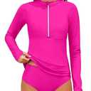 Girls Swimsuits Size 10-12 Half-Zip Long Sleeve Modest Teen Girl Rash Guard Bathing Suits with Chest Padding Two Piece Swimwear Set UPF 50+ Pink, 12-13years