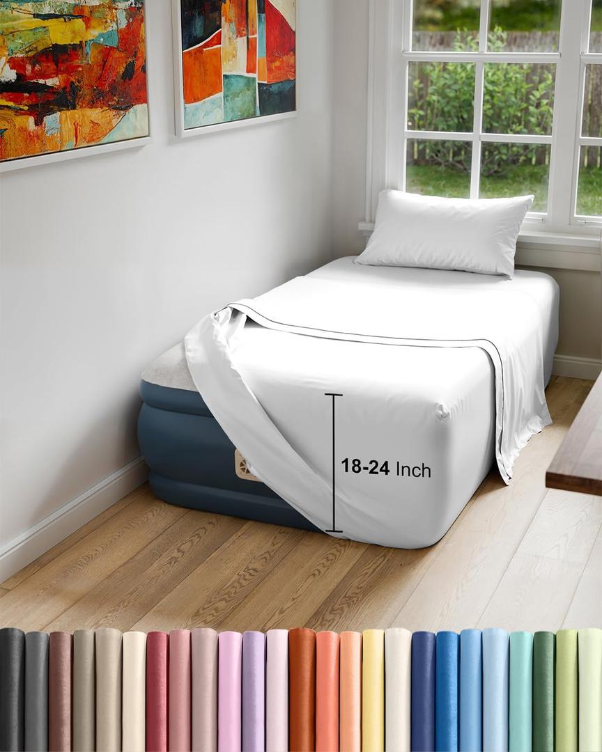 Air Mattress Sheet Set for Twin Size - 3 Piece Breathable & Cooling Sheets w/ Extra Deep Pockets - Fits Inflatable & Blow Up Air Mattresses Up to 24 Inches Thick - Ultra Soft & Wrinkle Free - White