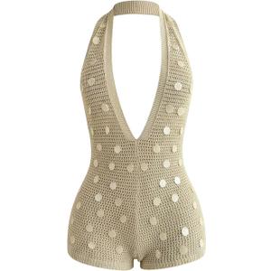 WDIRARA Women's Deep V Neck Backless Halter Knit Romper Striped Bodycon (Beige, XS)