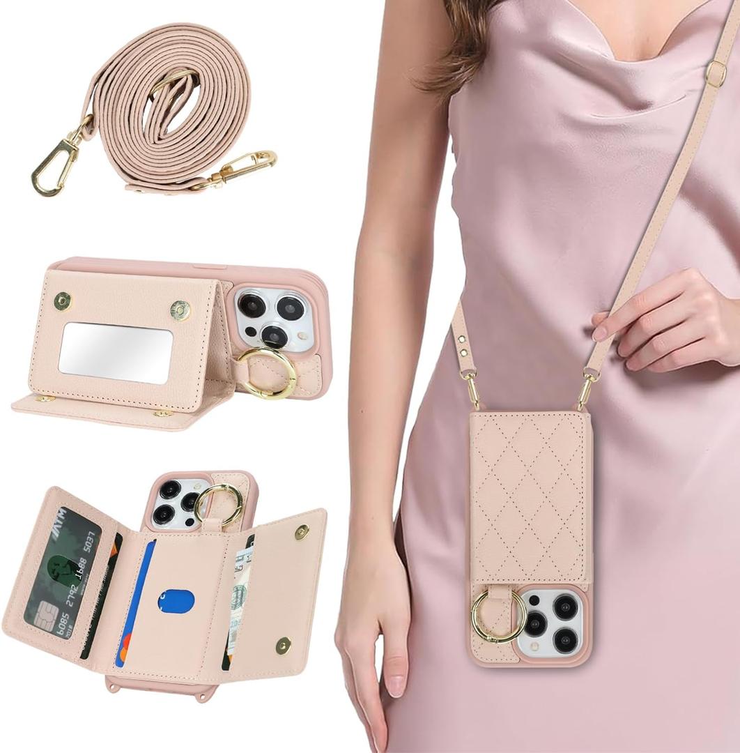 for iPhone 15 Pro Case with Card Holder and Strap for Women,Crossbody Lanyard, Make Up Mirror,Ring Stand,Snap Clasp,Cute Phone Wallet Cases 6.1 inch - Rose Gold