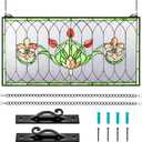 Maxdot 32"x16" Stained Glass Transom Window Panel, Large Horizontal Tulips & Irises Handcrafted Hanging Decor with Chain, Vintage Home Decor & Ideal Gift for Art Enthusiasts